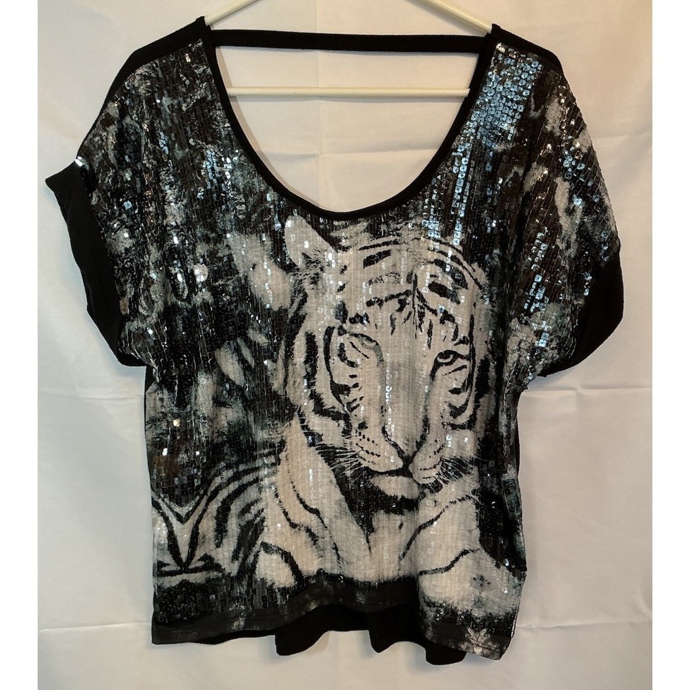 Xhilaration White Tiger Sequin Top Blouse Streetwear Rock Rocker Y2K Size L